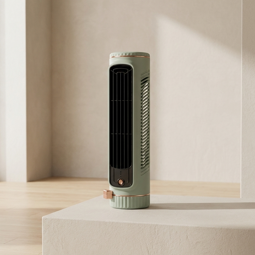 Compacte witte bladloze torenventilator voor persoonlijke koeling, ideaal voor bureau.