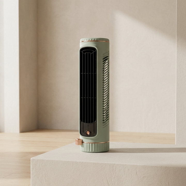 Compacte witte bladloze torenventilator voor persoonlijke koeling, ideaal voor bureau.