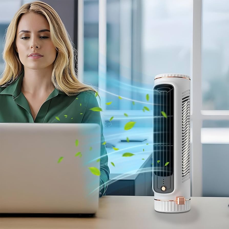 Draagbare USB torenventilator (wit) met bladloos design, perfect als stille bureauventilator.