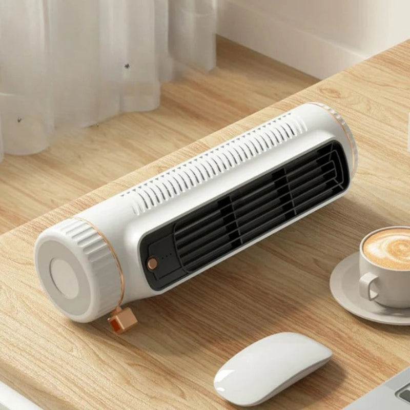 Stille bladloze torenventilator in wit, compact en strak design voor effectieve persoonlijke koeling.