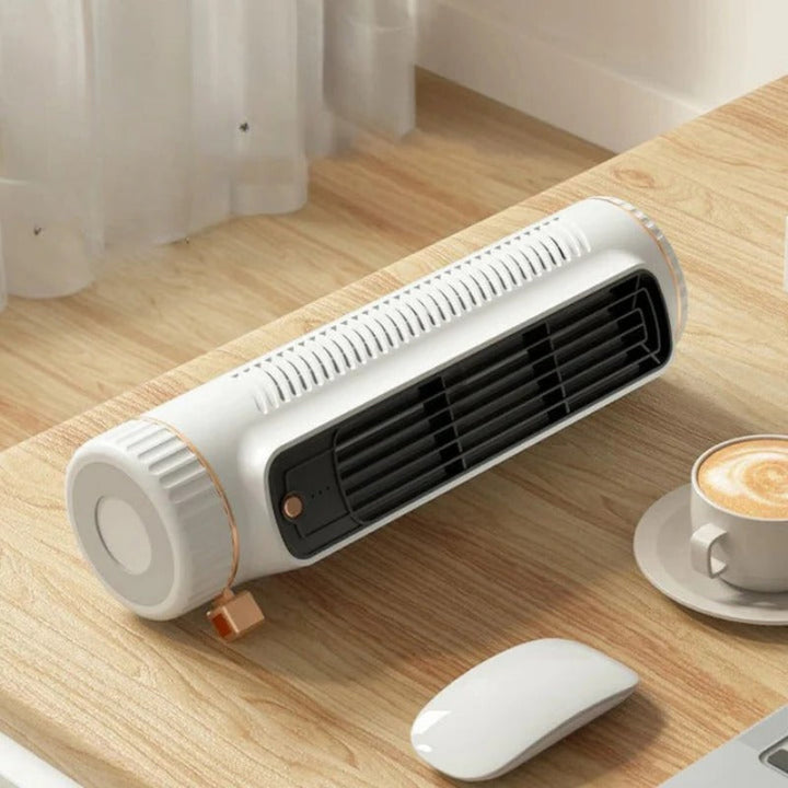 Stille bladloze torenventilator in wit, compact en strak design voor effectieve persoonlijke koeling.