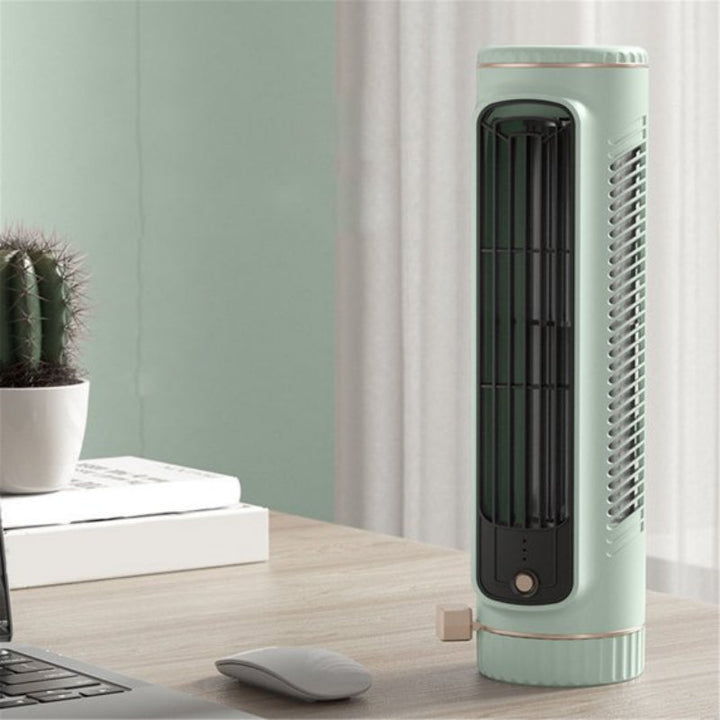 Compacte groene torenventilator, bladloos en stil, perfect als draagbare USB koeler voor persoonlijk gebruik.