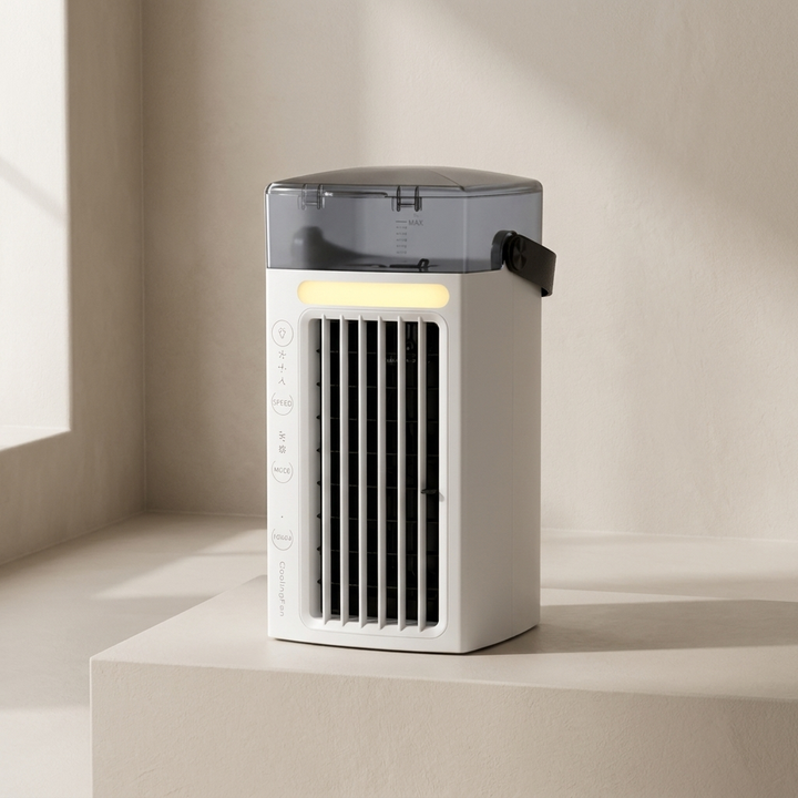 Compacte witte draagbare luchtkoeler met USB voor persoonlijke verfrissing thuis, op kantoor of slaapkamer.