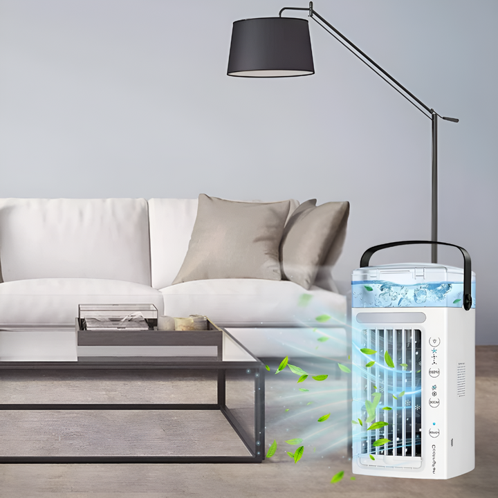 Draagbare luchtkoeler en ventilator voor effectieve koeling op bureau, terras of in de slaapkamer. Persoonlijk gemak.