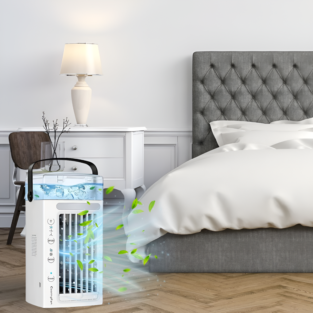 Stijlvolle witte draagbare luchtkoeler; compacte ventilator perfect voor thuis, kantoor of slaapkamer voor directe koeling.
