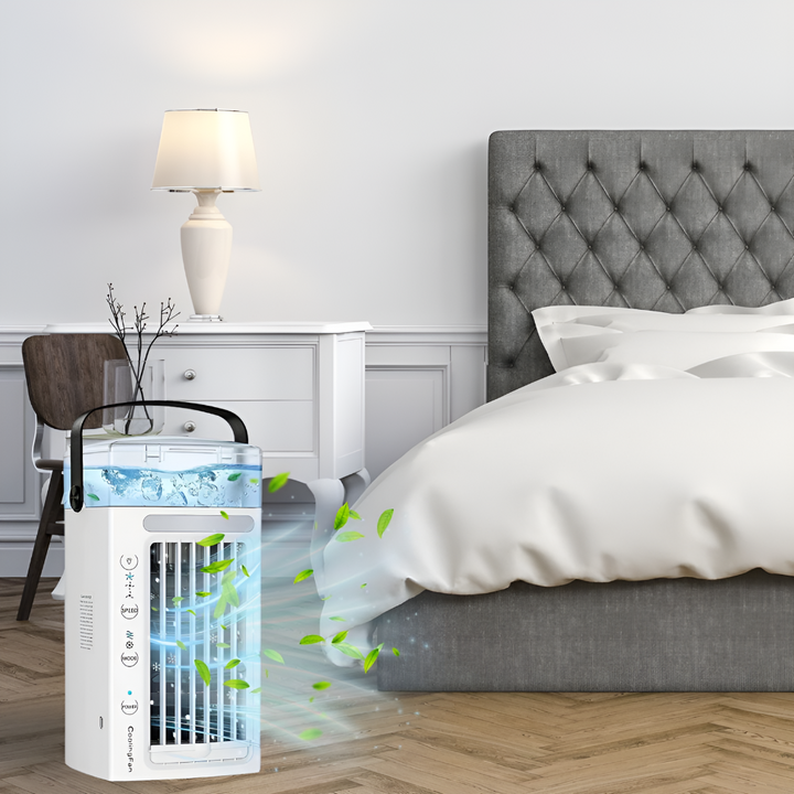 Stijlvolle witte draagbare luchtkoeler; compacte ventilator perfect voor thuis, kantoor of slaapkamer voor directe koeling.