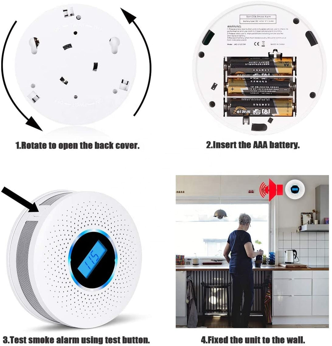 "Compacte witte SafeAlert 2-in-1 melder hangt aan muur, detecteert rook en koolmonoxide voor maximale huisveiligheid."