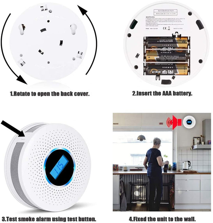 "Compacte witte SafeAlert 2-in-1 melder hangt aan muur, detecteert rook en koolmonoxide voor maximale huisveiligheid."
