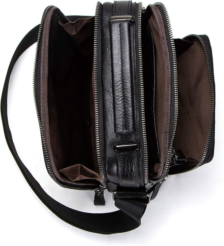 Detail van het hoogwaardige zwart leer van de EnduraBag compacte heren messenger tas, robuust en elegant.