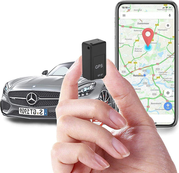 "Compacte zwarte magnetische mini GPS tracker voor onopvallende beveiliging met wereldwijde dekking, eenvoudig te bevestigen.