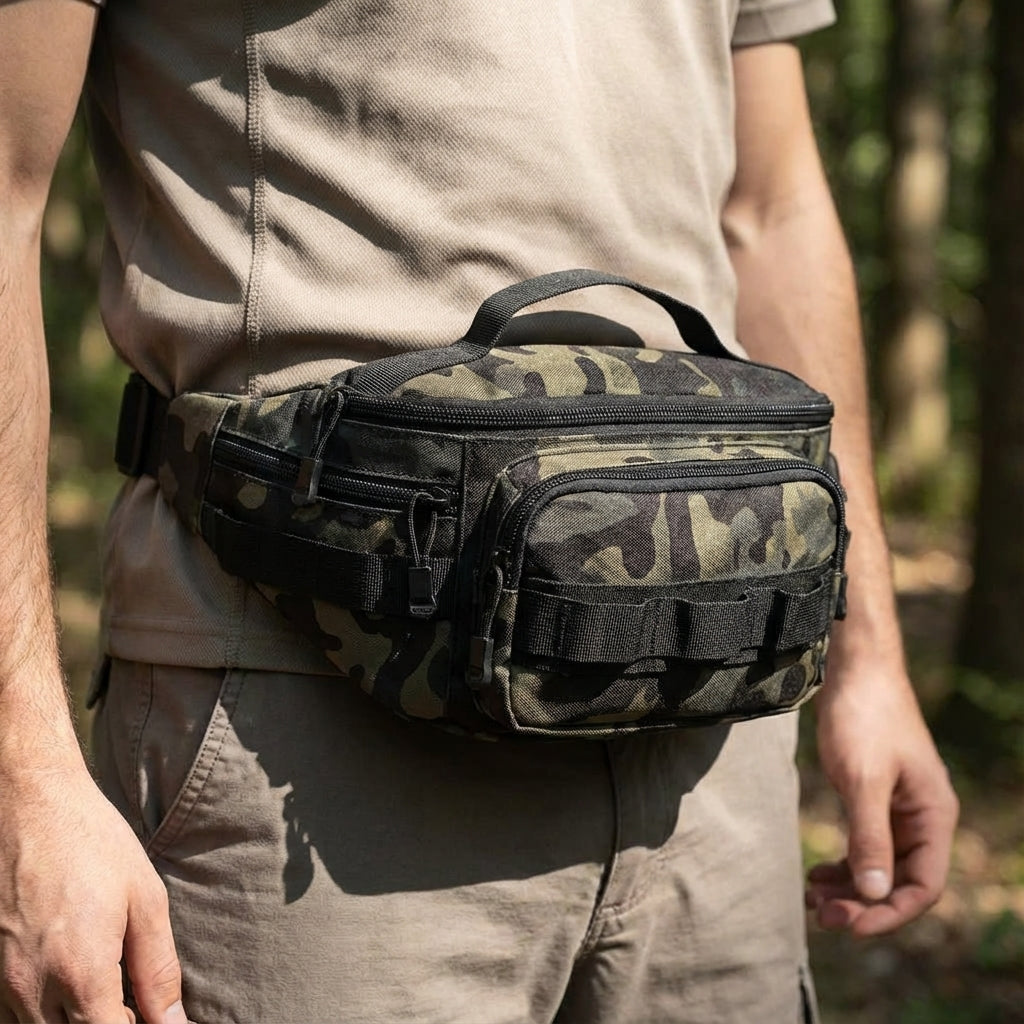Compacte zwarte tactische heuptas RangerPack voor outdoor avonturen, waterbestendig nylon.