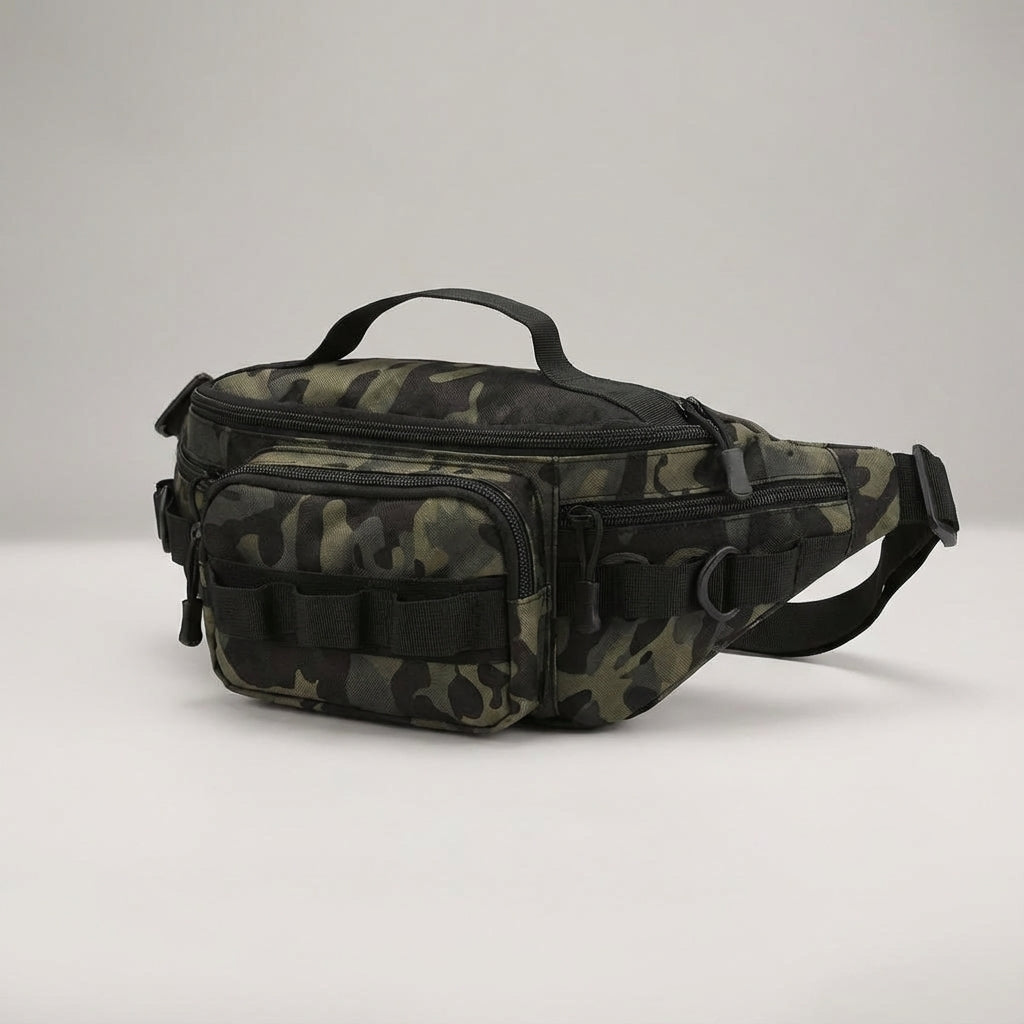 Zwarte tactische heuptas met MOLLE systeem, ideaal voor wandelen en outdoor, duurzaam en functioneel.