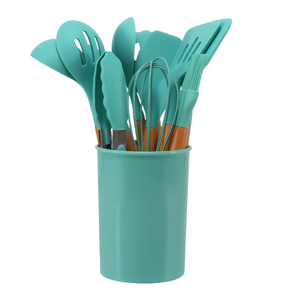 Presentatie van de 12-delige Casa kookgerei set met zwarte silicone en natuurlijk bamboe
