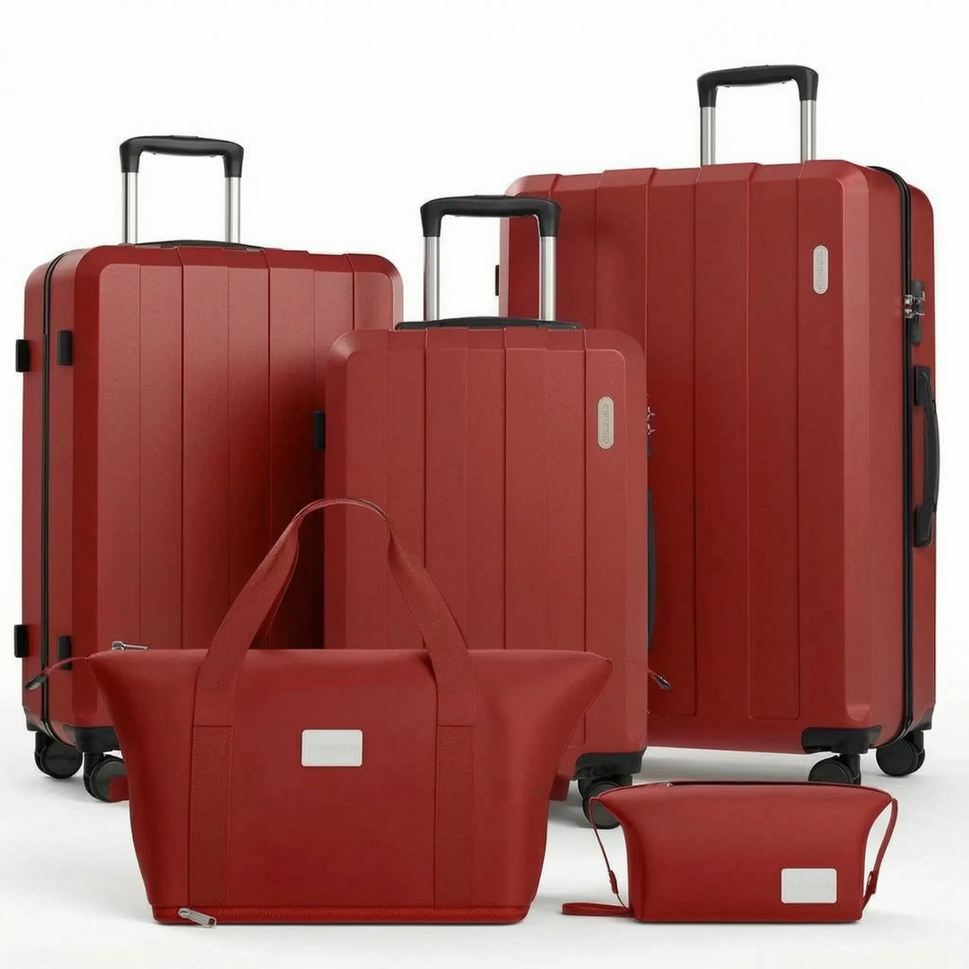 Vijfdelige hardcase kofferset met duurzame schaal, zwenkwielen en veiligheidsslot, ideaal voor vakantie.