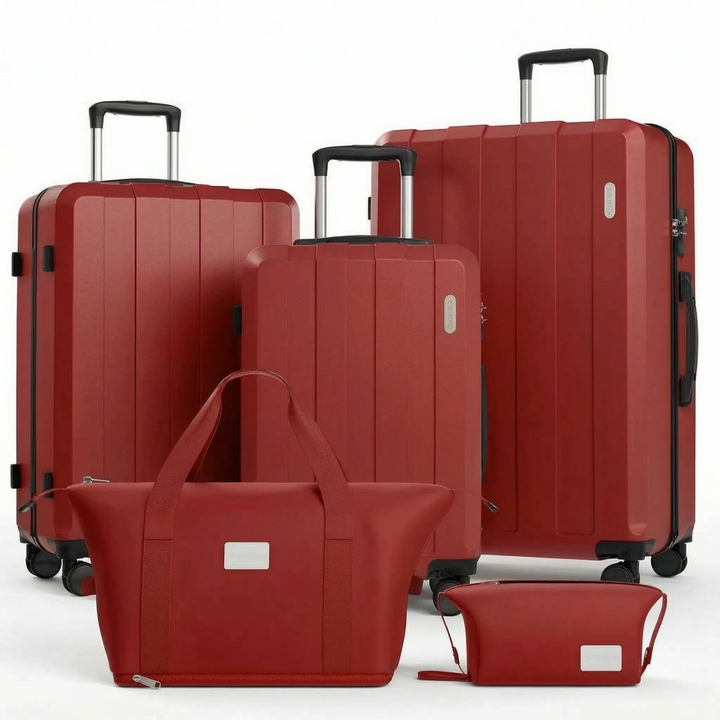 Vijfdelige hardcase kofferset met duurzame schaal, zwenkwielen en veiligheidsslot, ideaal voor vakantie.