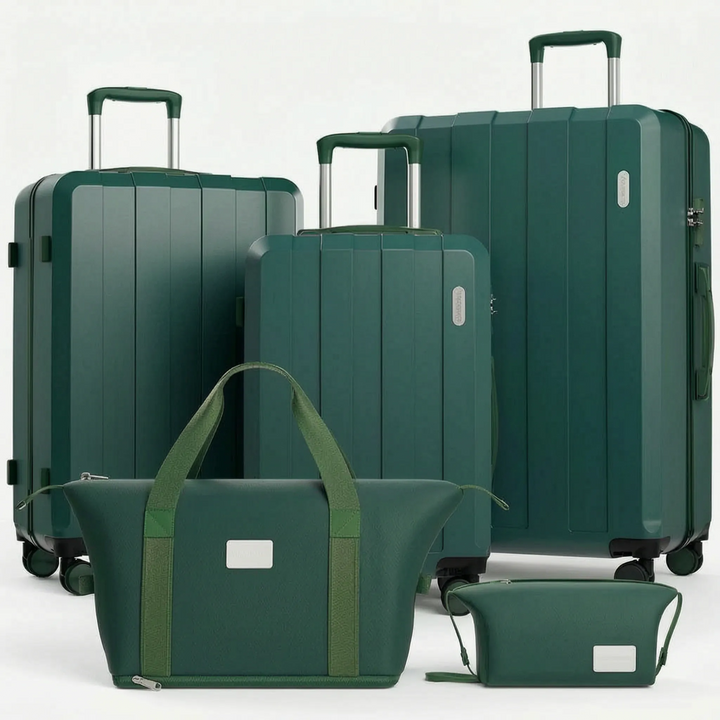 Stijlvolle hardcase bagageset (5-delig) met 360° zwenkwielen voor comfortabel reizen.