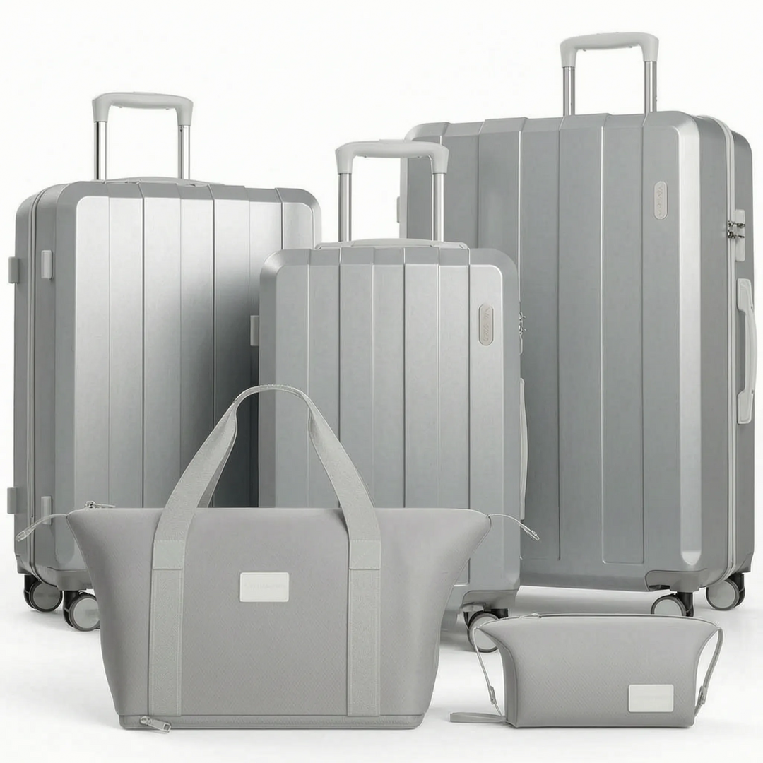 Voordelige 5-delige hardcase kofferset met zwenkwielen, perfect voor al je reisbehoeften.