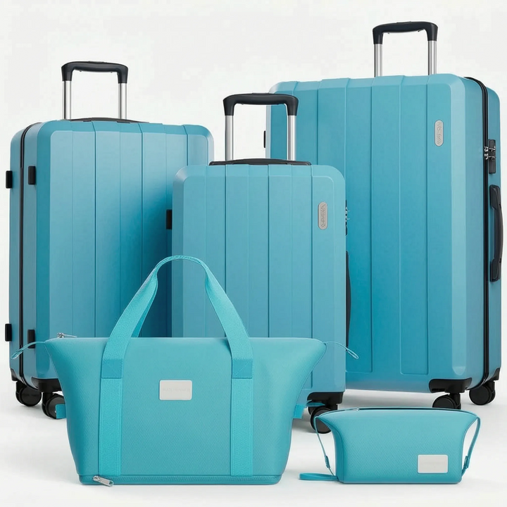 Moderne hardcase bagageset (5 stuks) met TSA slot en uitbreidbaar design, makkelijk in gebruik.