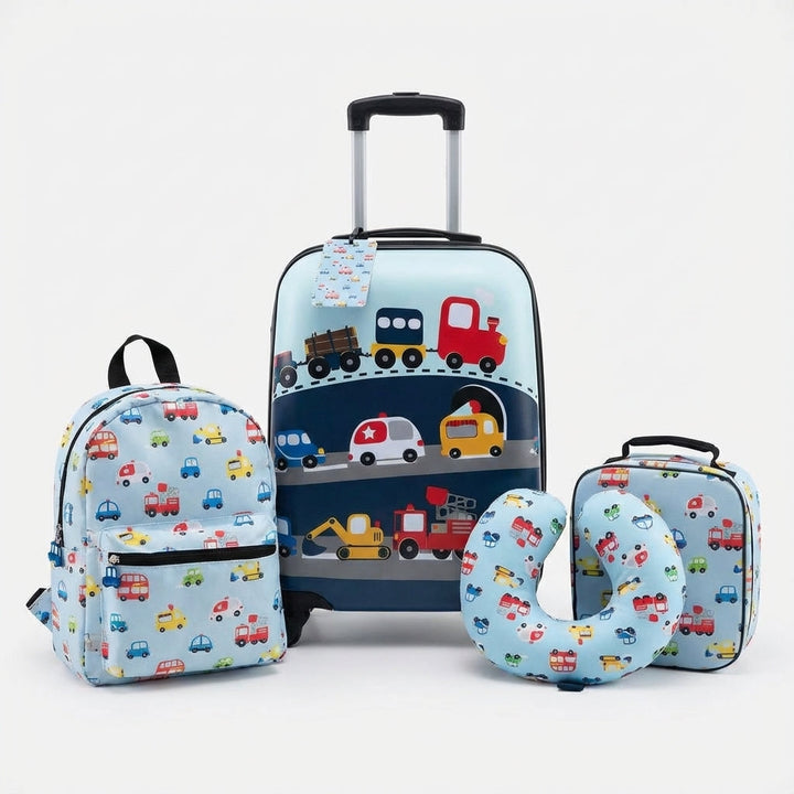 Stijlvolle kinderreisset met kinderkoffer en rugzak, ideaal voor kinderbagage op vakantie en avontuurlijke uitstapjes.