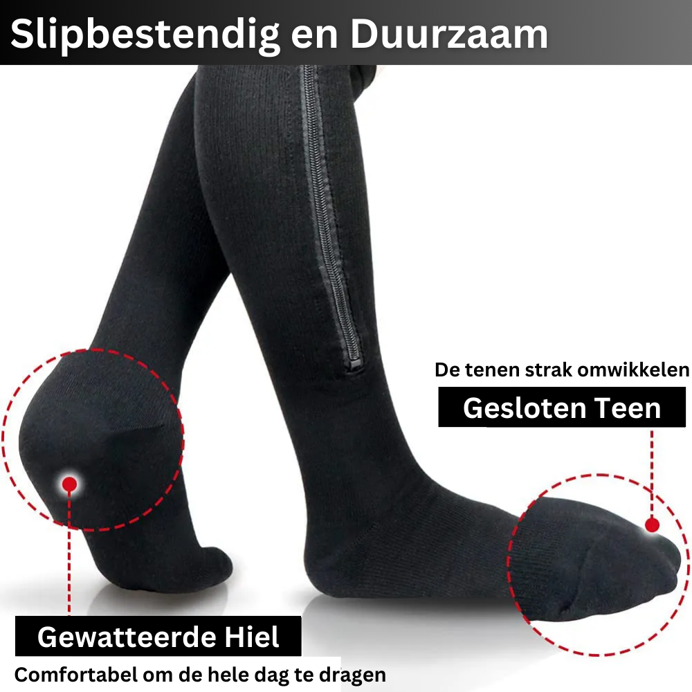 Zwarte compressiekousen 2.0 met rits voor effectieve beenondersteuning en bevordering van bloedsomloop.
