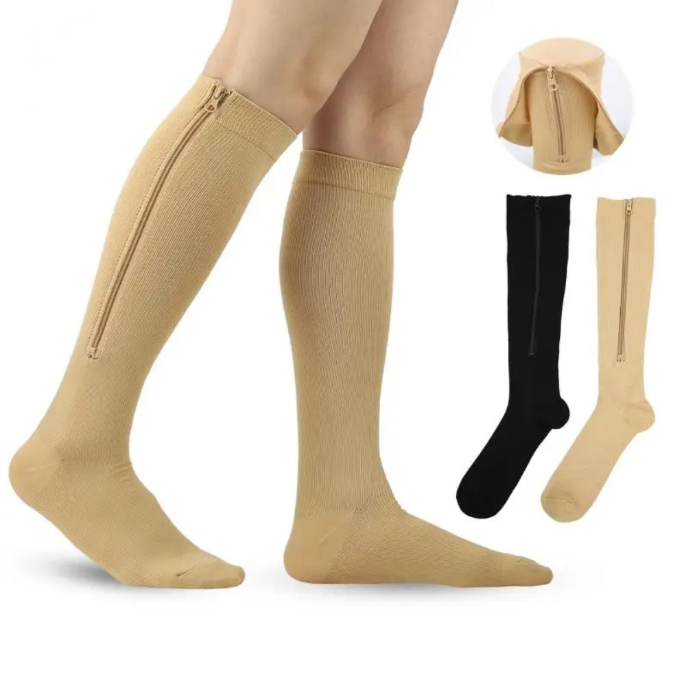 Praktische compressiekousen met stevige rits voor gemakkelijk aantrekken en uittrekken; voor comfort.