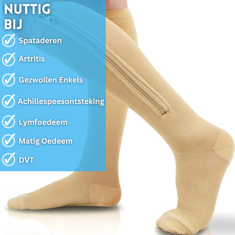 Hoogwaardige compressiekousen 2.0 met ritssluiting, ontworpen voor comfortabele beenondersteuning.