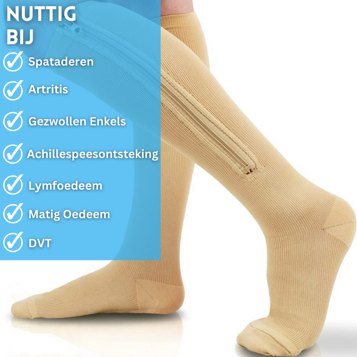 Hoogwaardige compressiekousen 2.0 met ritssluiting, ontworpen voor comfortabele beenondersteuning.
