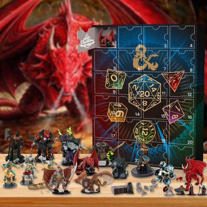 D&D Adventskalender met 24 unieke Dungeons & Dragons ornamenten voor fantasy fans.