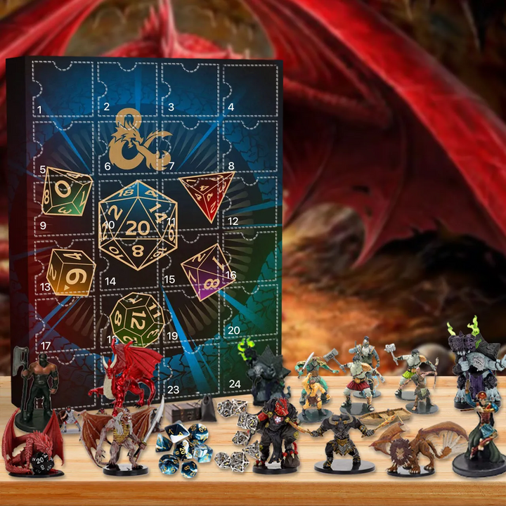Gedetailleerde Dungeons & Dragons adventskalender, gevuld met kwalitatieve fantasy kerst ornamenten.