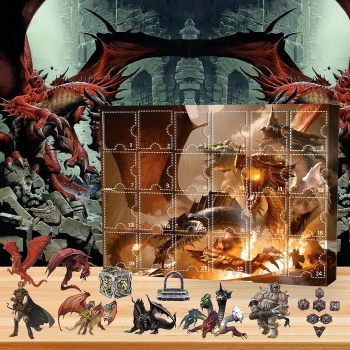 Volledige D&D adventskalender box met Dungeon Master's Guide illustratie en vensters voor ornamenten.