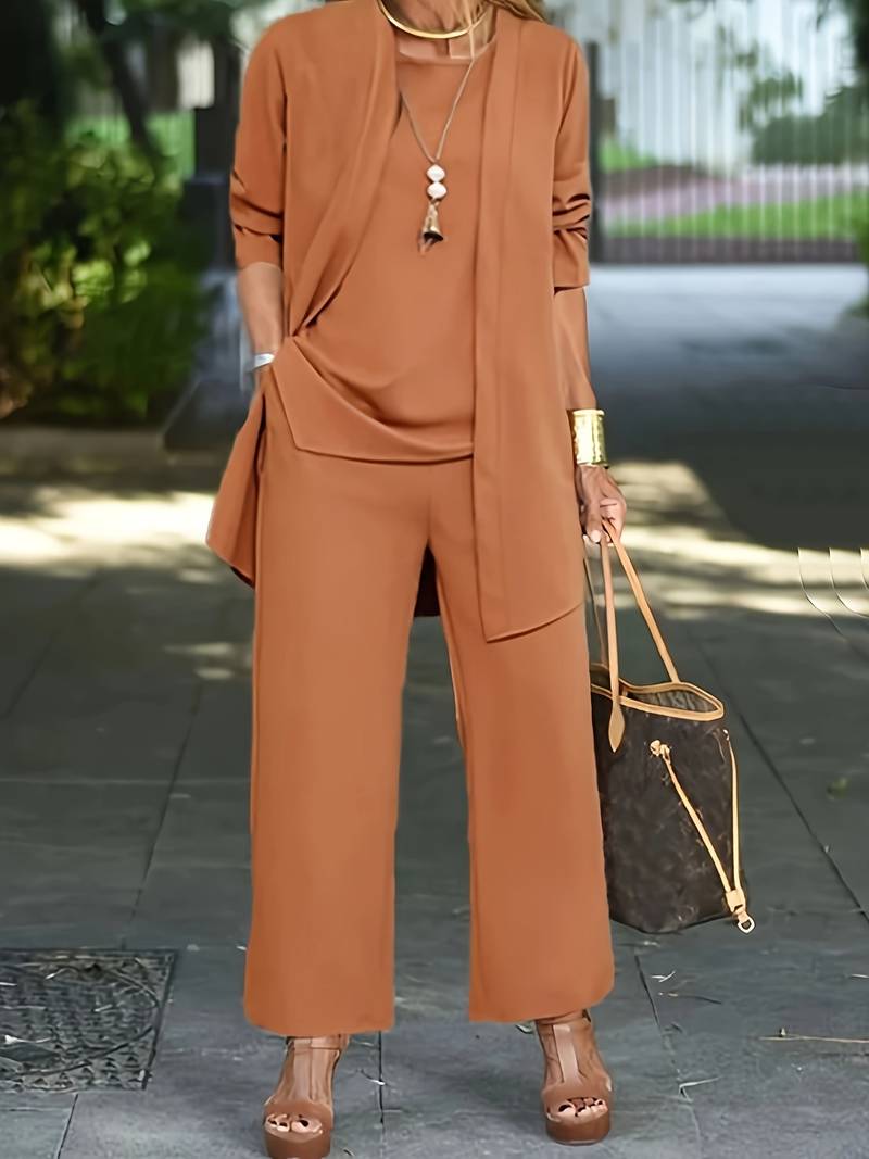 Dames 3-delige set met comfortabele cardigan, top en broek; ideaal voor een stijlvolle casual look.