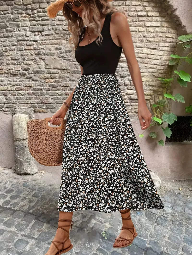 Comfortabele mouwloze A-lijn maxi jurk met bloemenprint voor dames, ideaal voor warme dagen.
