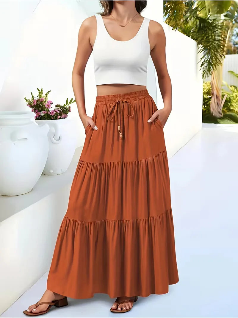 Stijlvolle bohemian A-lijn maxi rok voor dames, hoge taille voor een chique casual look.