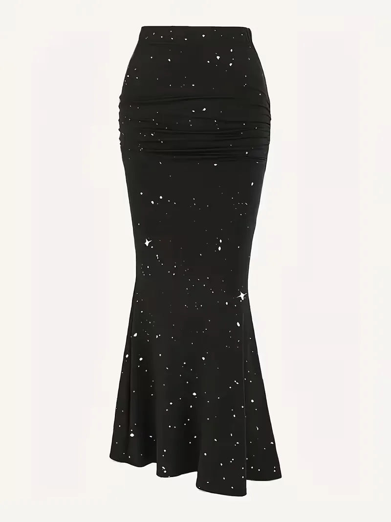 Elegante zwarte A-lijn midirok met fijne spikkels, comfortabel en stijlvol voor dames. Perfect voor elke gelegenheid.