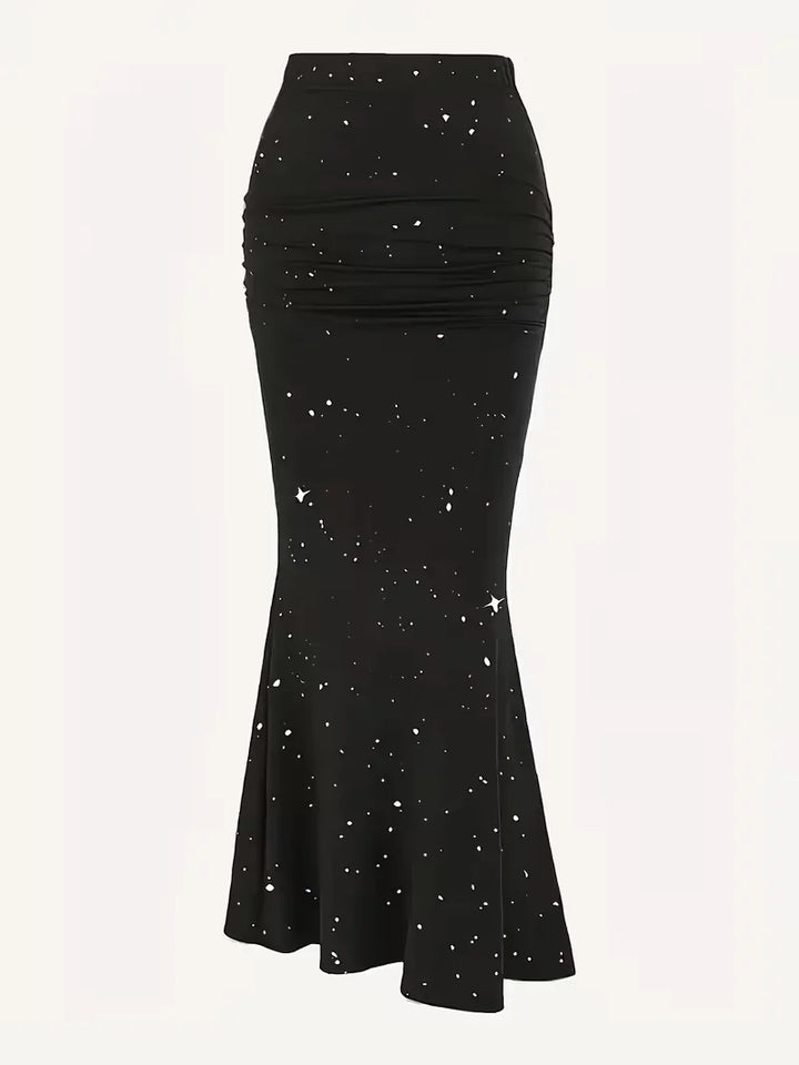 Elegante zwarte A-lijn midirok met fijne spikkels, comfortabel en stijlvol voor dames. Perfect voor elke gelegenheid.