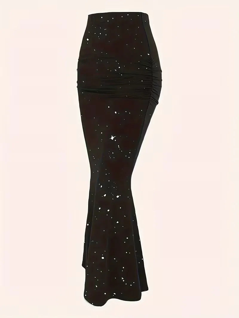 Moderne dames A-lijn midirok met subtiele spikkels, hoge taille en flatterende ruche. Trendy voor lente en zomer.