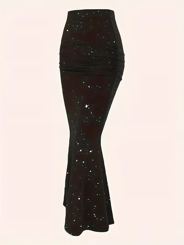 Moderne dames A-lijn midirok met subtiele spikkels, hoge taille en flatterende ruche. Trendy voor lente en zomer.