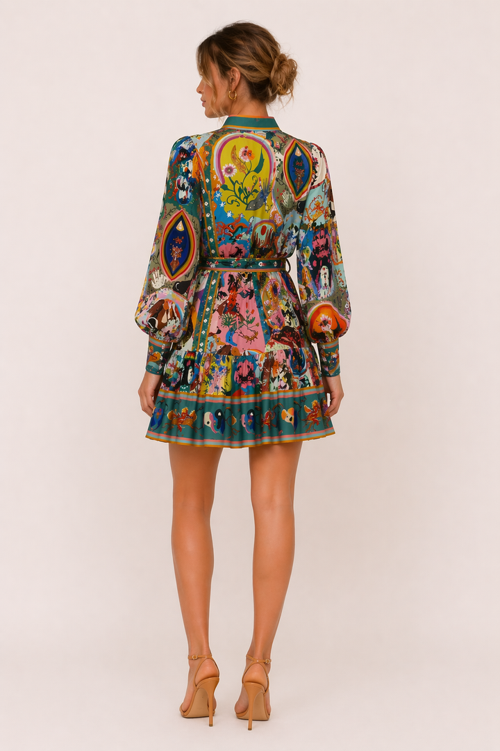 Veelkleurige printjurk voor dames met lange mouwen en strikceintuur, ideaal als casual zomerjurk.