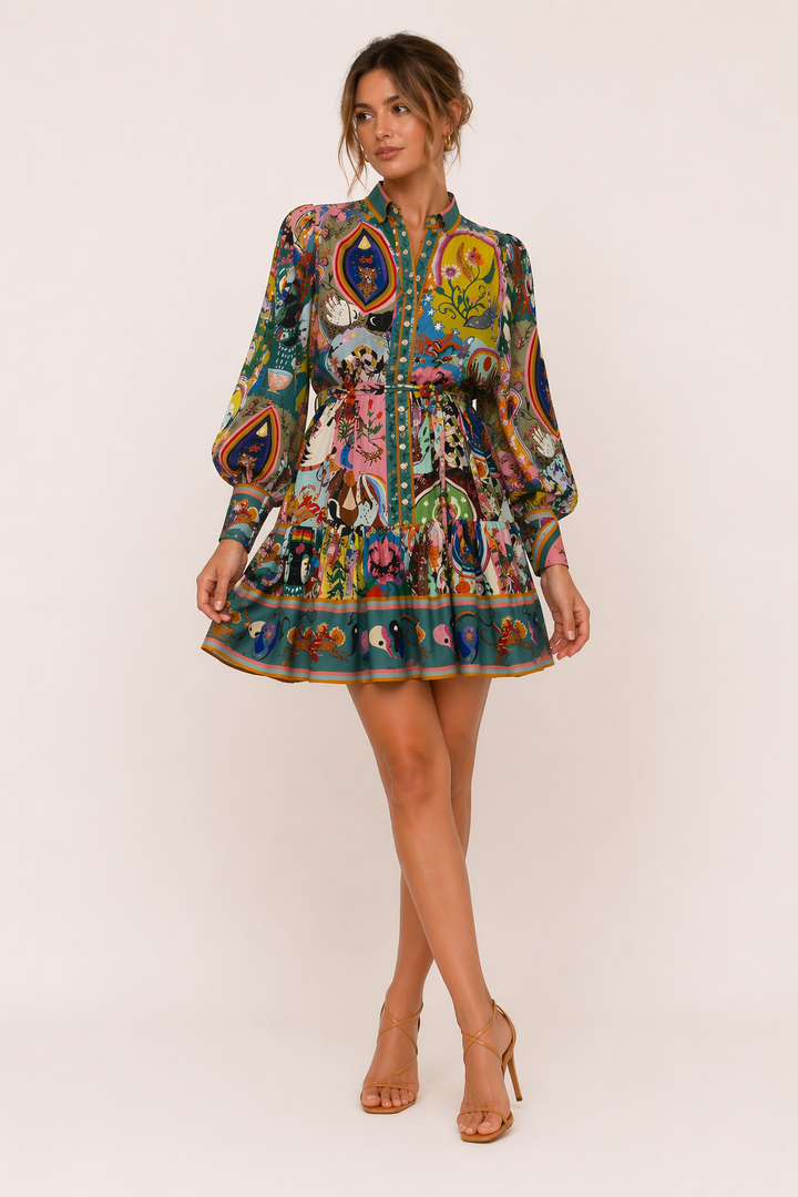 Elegante dames korte jurk met lange mouwen en verstelbare tailleband door strikceintuur, perfect voor zomer.