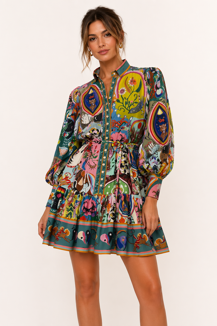 Casual dames printjurk met lange mouwen, korte lengte en veelkleurig patroon, inclusief strikceintuur.
