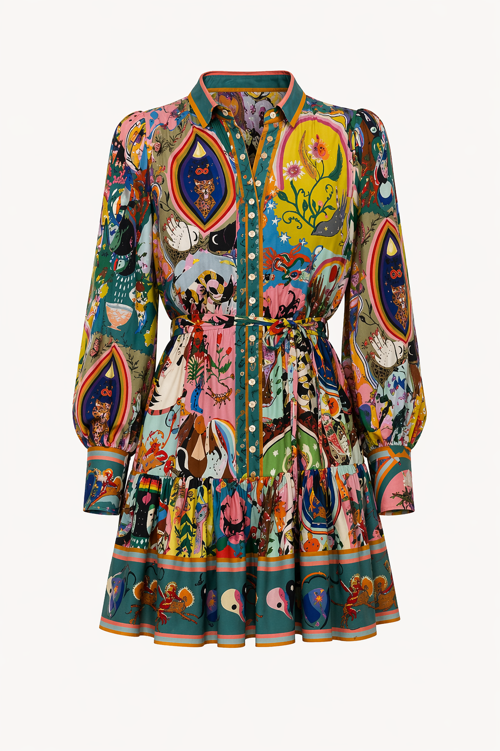 Comfortabele dames shirtjurk met bedrukte print, lange mouwen en strikceintuur, een elegante korte zomerjurk.
