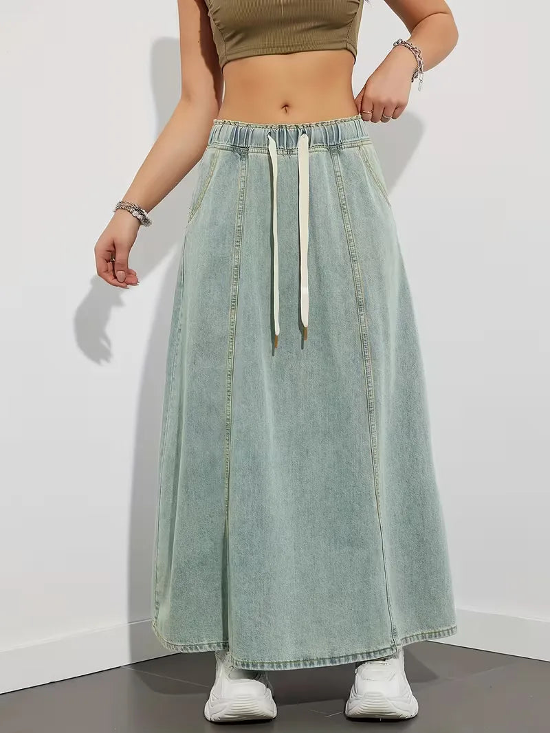 Ultiem comfortabele dames denim rok met elastische tailleband en verstelbaar trekkoord. Casual lente/zomer outfit.