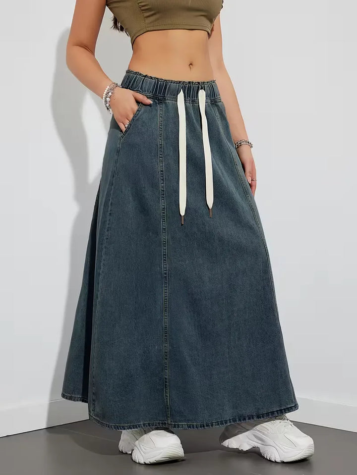 Veelzijdige dames spijkerrok, blauw, met elastische tailleband en trekkoord voor alle seizoenen: lente, zomer, herfst.