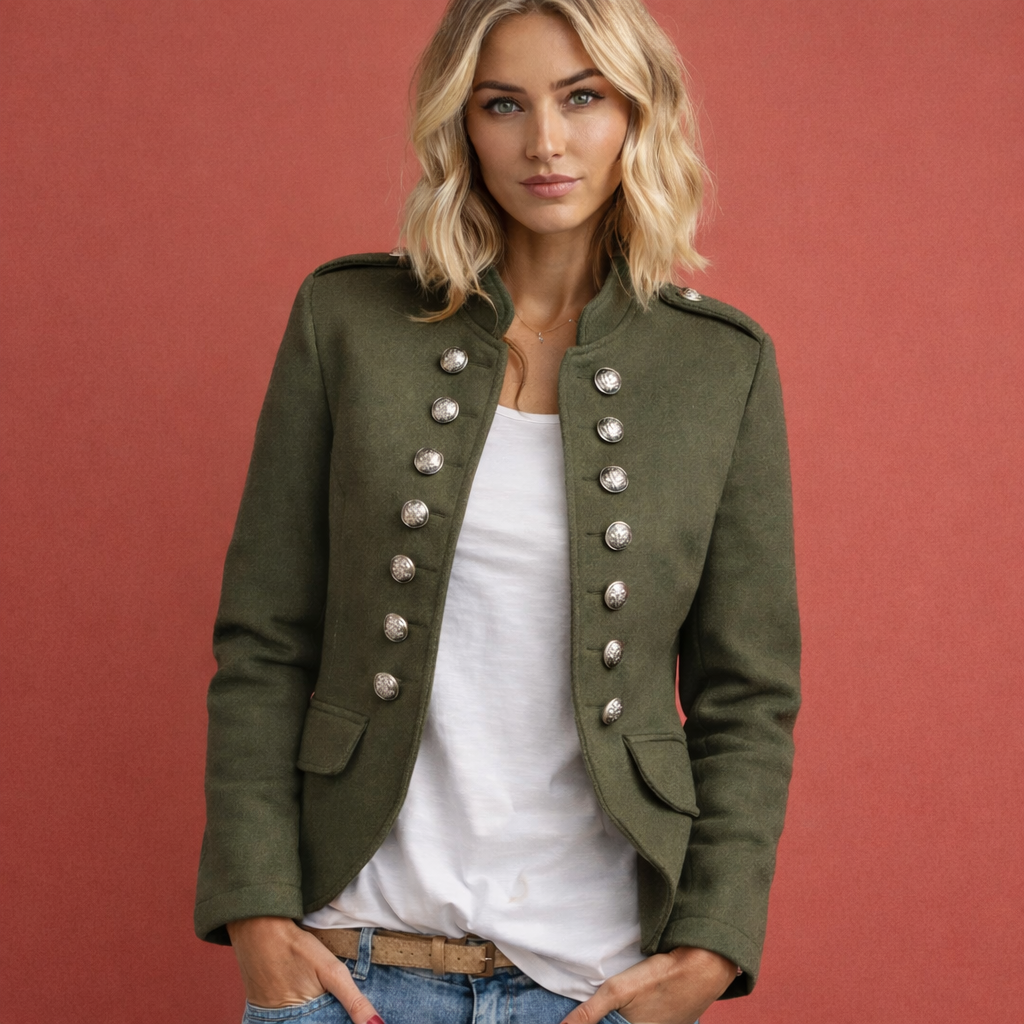 Dames blazer in militaire stijl met opstaande kraag en decoratieve knopen. Perfect voor een elegante look.