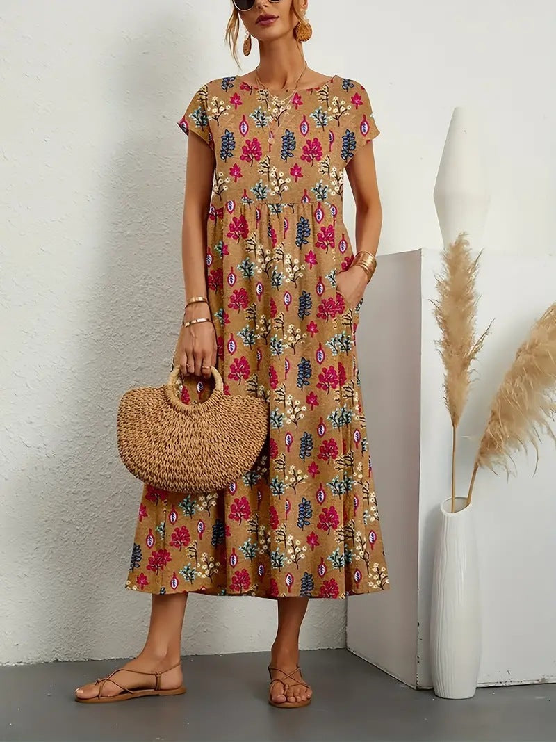Luchtige dames zomerjurk met vrolijke bloemenprint, A-lijn model en zakken voor een comfortabele look.