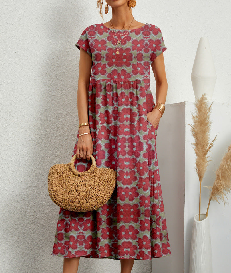 Elegante dames A-lijn midi jurk met bloemenprint, ronde hals en praktische zakken, ideaal voor zomerse dagen.