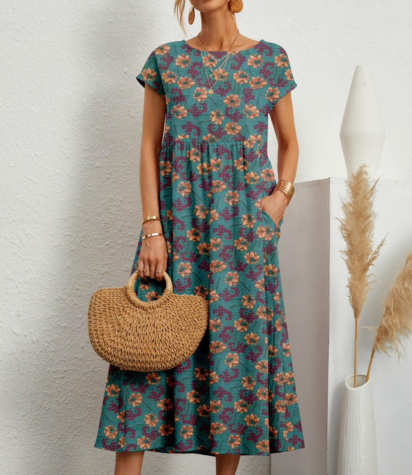 Veelzijdige dames bloemen A-lijn midi jurk, elegant voor feestjes of casual voor dagelijks gebruik, met zakken.