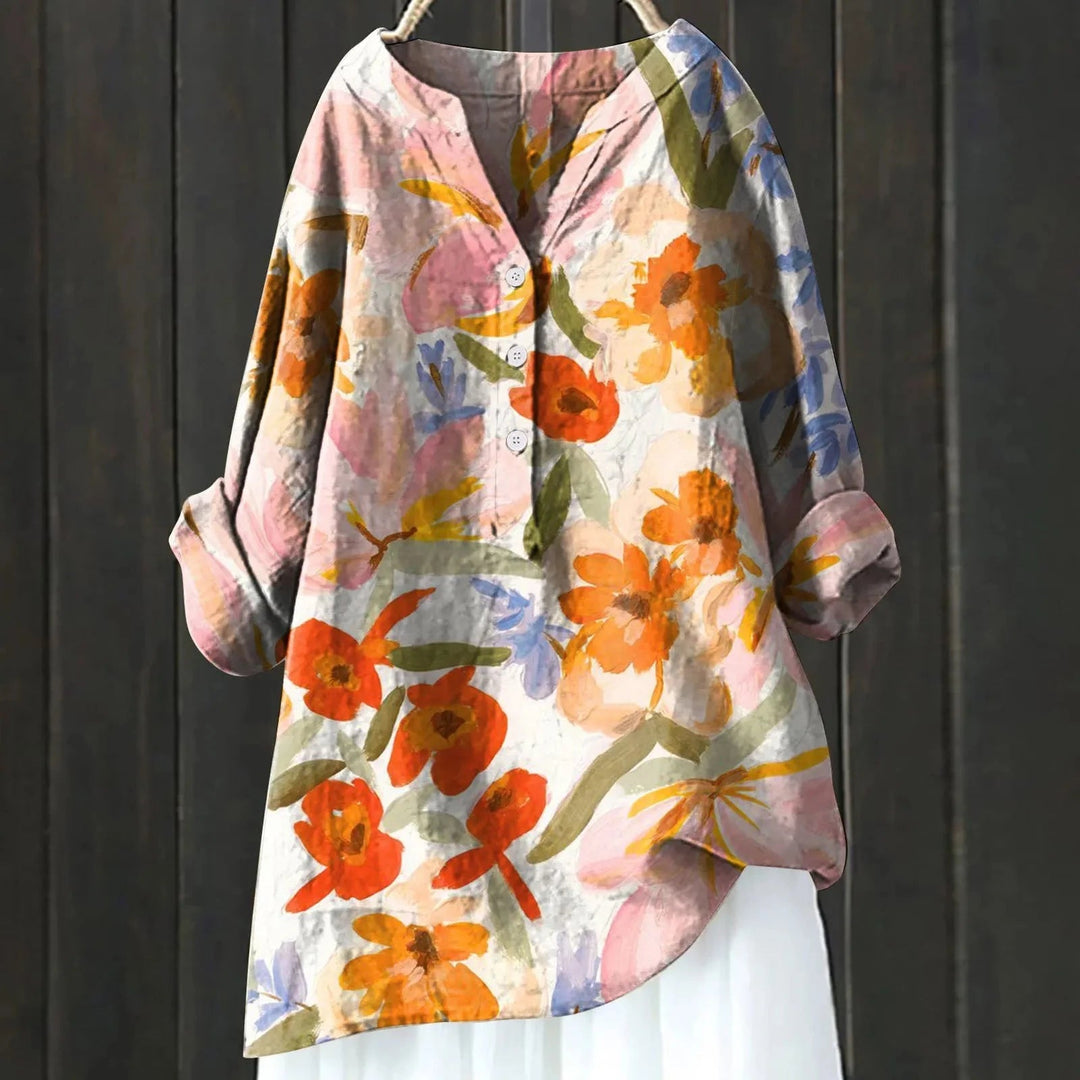 Dames bloemenprint blouse met elegante V-hals en lange mouwen, perfect voor een casualchique look.