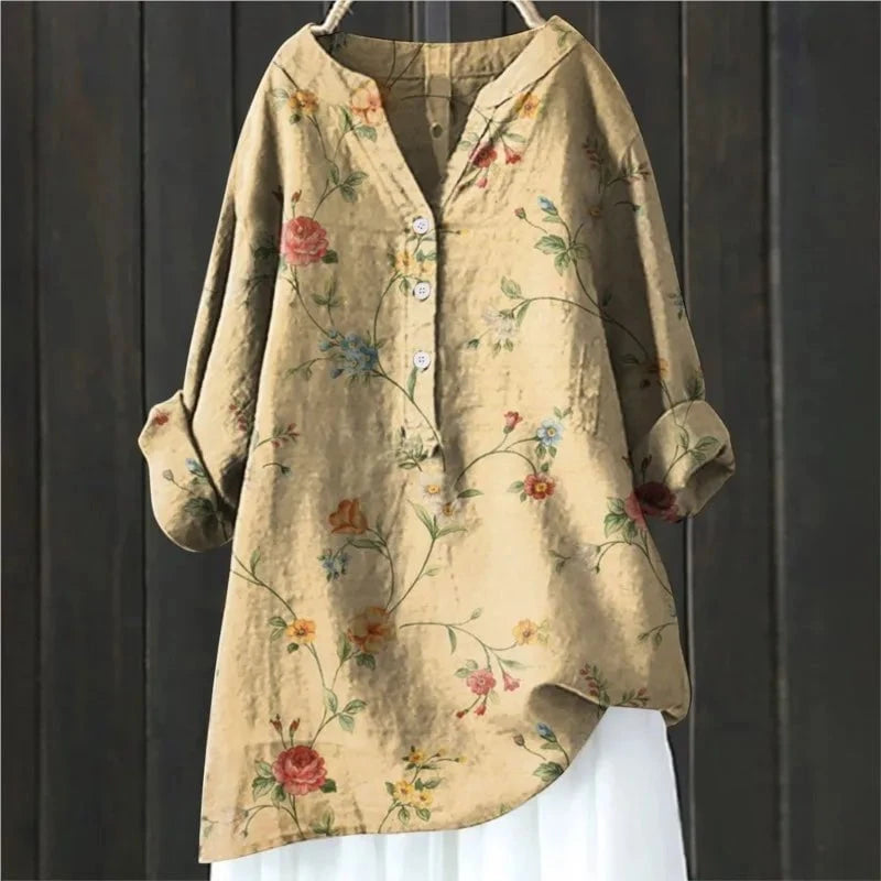 Elegante damesblouse met bloemenprint en stijlvolle V-hals, ideaal voor lente- of zomeroutfits.