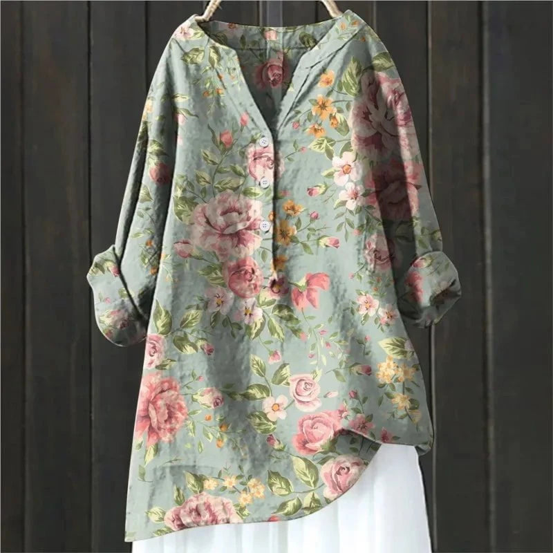 Veelzijdige bloemenprint blouse voor dames met V-hals en lange mouwen, geschikt voor casual en chique momenten.